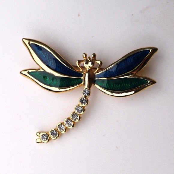 Vintage Jewelry - Vintage Dragonfly Rhinestone & Enamel Brooch